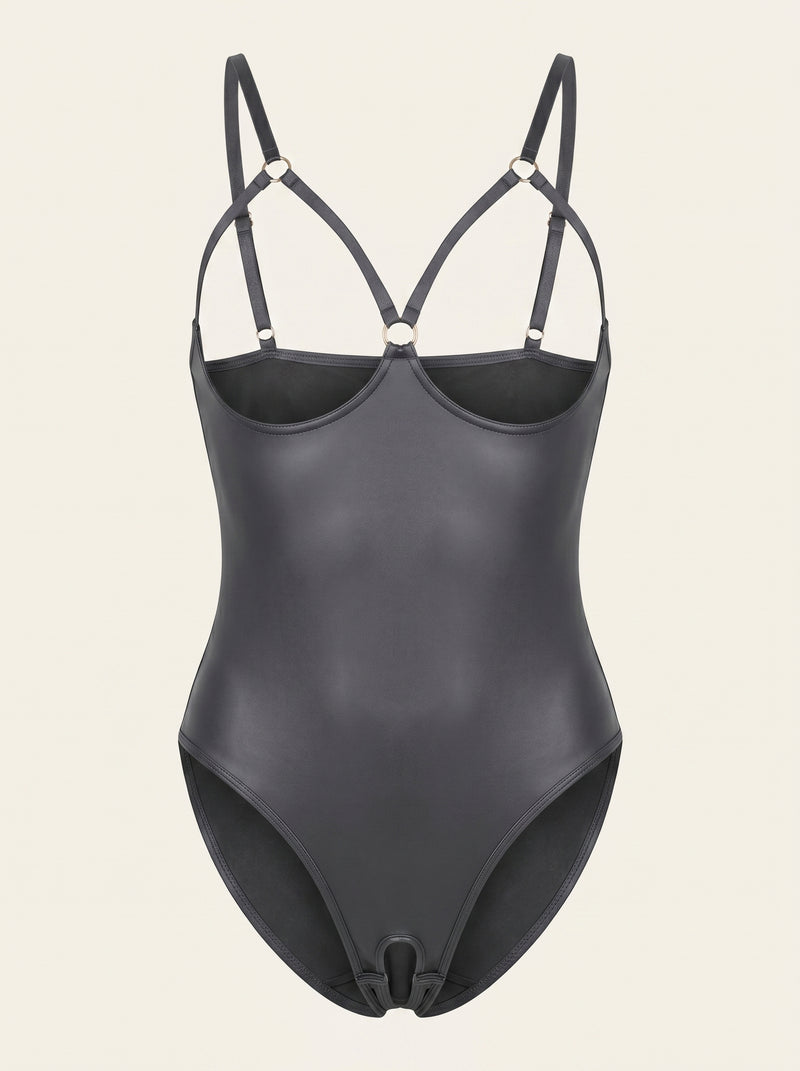 Black Satin Bodysuit with Strappy Open Back