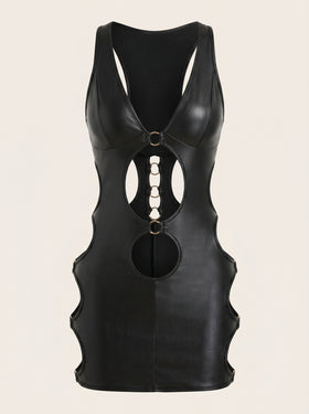 Black Satin Bodysuit with Strappy Open Back-Nightgown-Bellascena-Black-S-bellascena