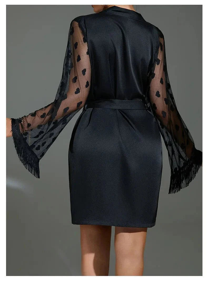 Black Satin Kimono Robe with Heart Lace Trim-Kimono Robe-Bellascena-bellascena
