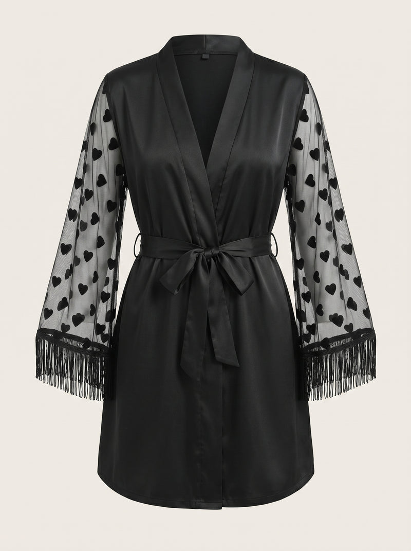 Black Satin Kimono Robe with Heart Lace Trim