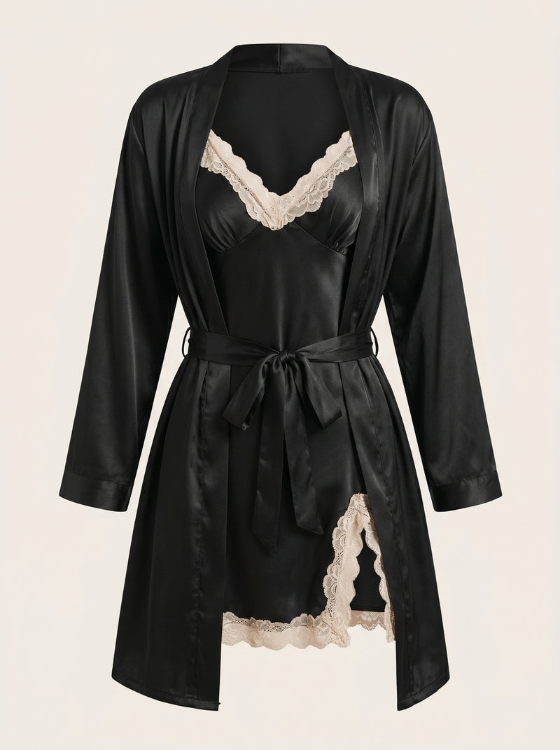 Black Satin Kimono Robe with Lace Trim & Criss-Cross Back