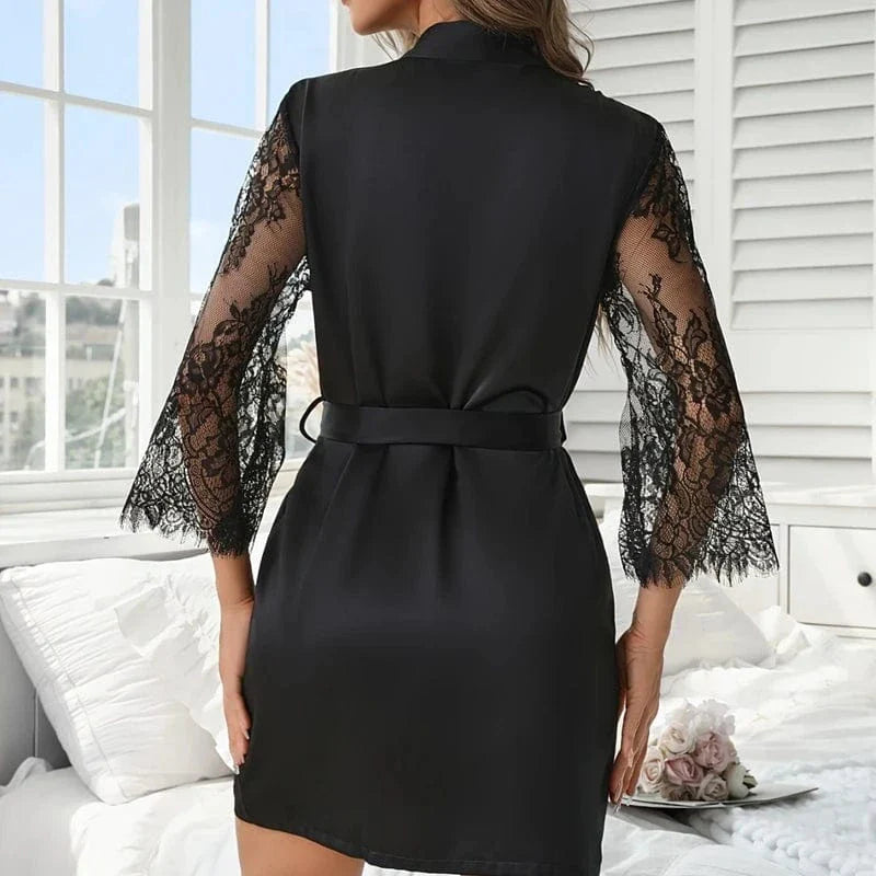 Black Satin Kimono Robe with Lace Trim-Kimono Robe-Bellascena-bellascena