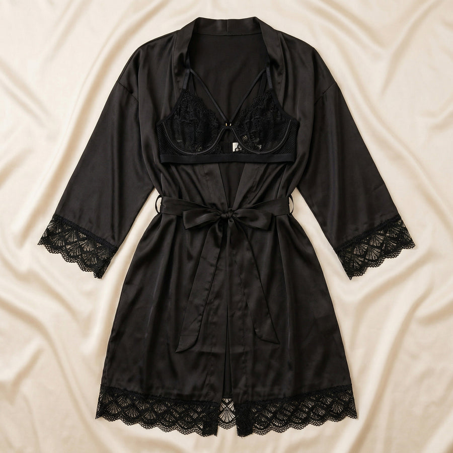 Black Satin Kimono Robe with Lace Trim-Kimono Robe-Bellascena-bellascena