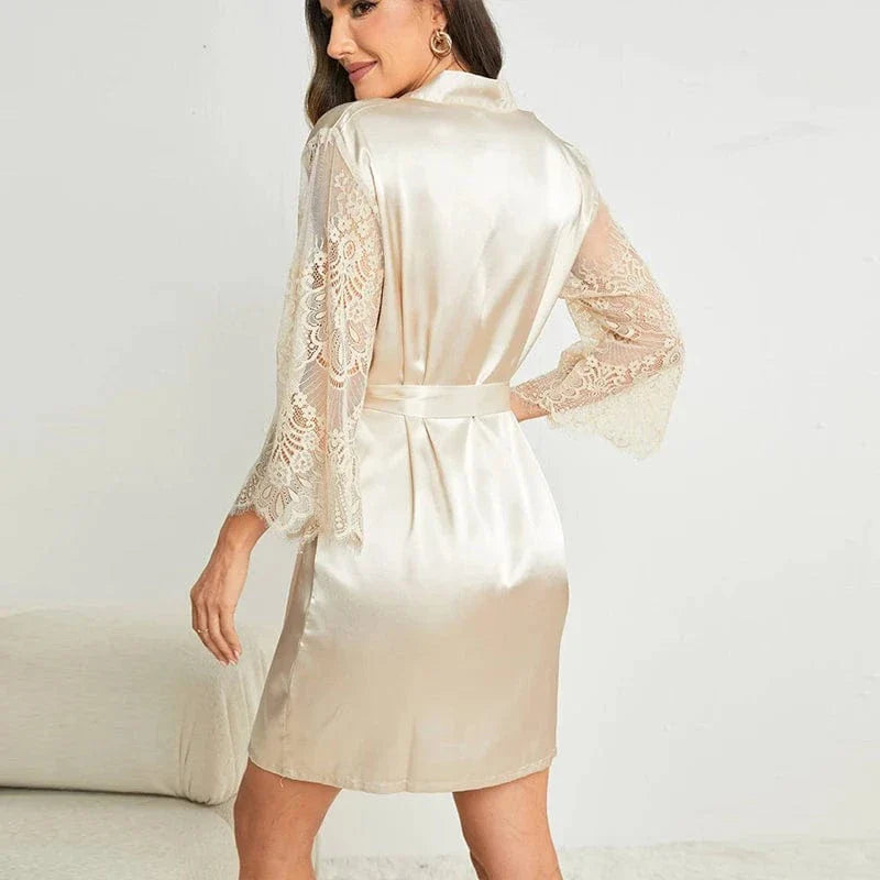 Black Satin Kimono Robe with Lace Trim-Kimono Robe-Bellascena-bellascena