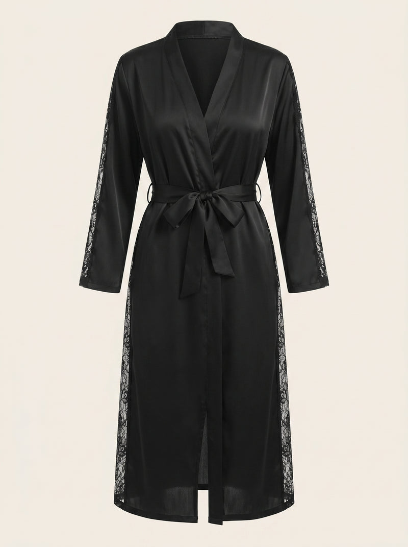 Black Satin Kimono Robe with Lace Trim