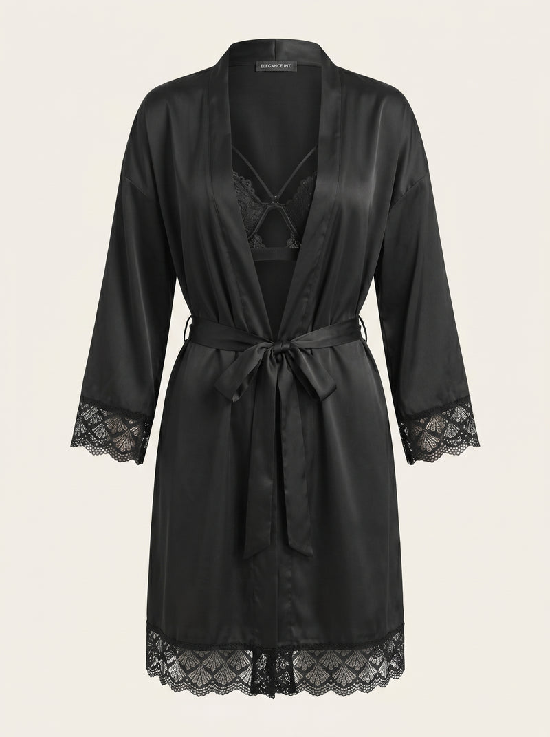 Vestaglia kimono in raso nero con bordi in pizzo