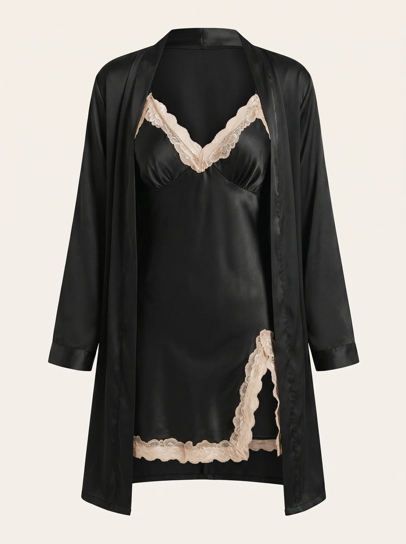 Black Satin Kimono Robe with Lace Trim