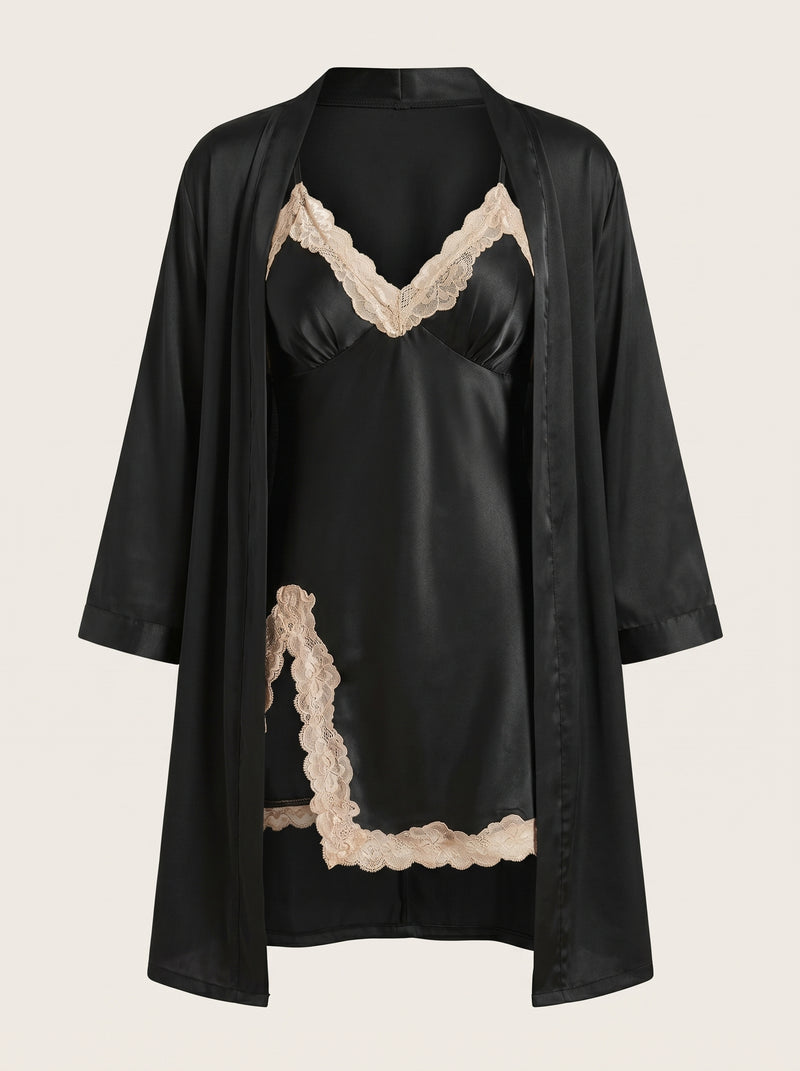Black Satin Kimono Robe with Lace Trim
