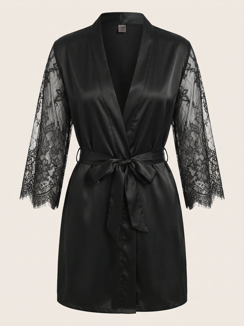 Black Satin Kimono Robe with Lace Trim