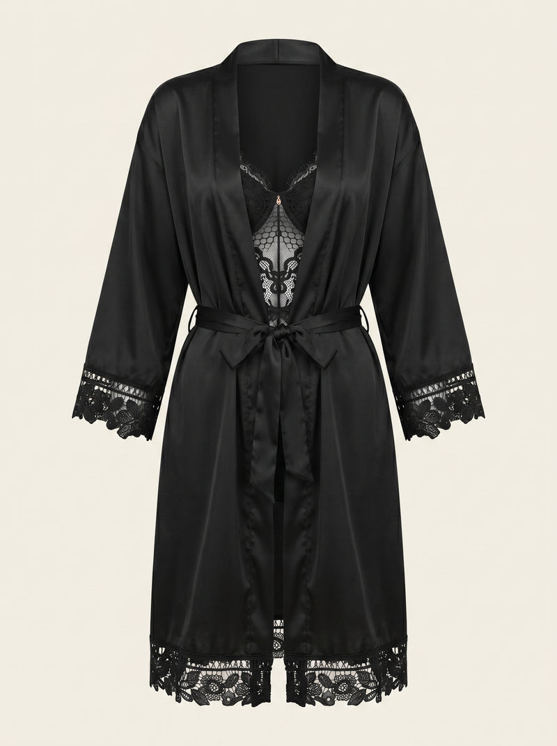 Black Satin Kimono Robe with Lace Trim