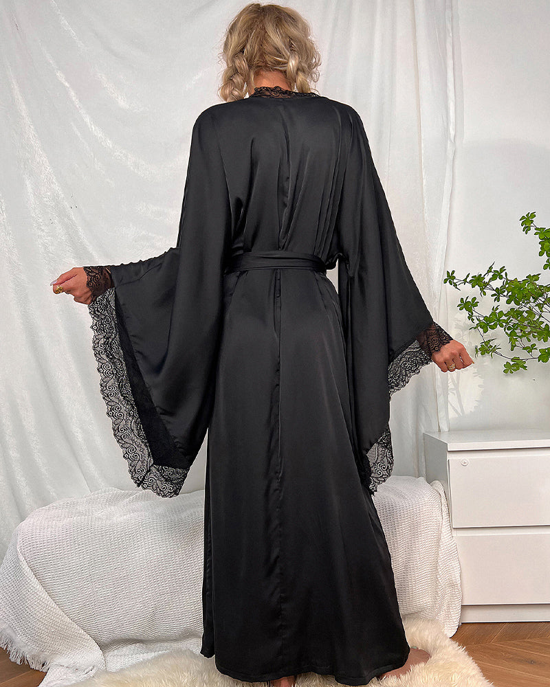 Black Satin Kimono Robe with Lace Trim-Nightgown-Bellascena-bellascena