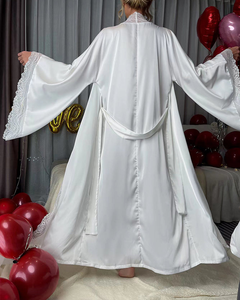 Black Satin Kimono Robe with Lace Trim-Nightgown-Bellascena-bellascena