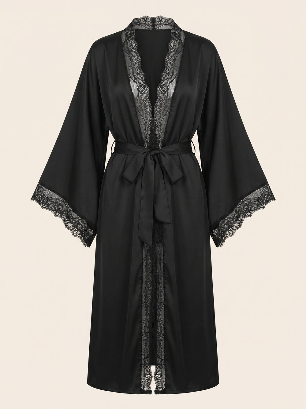 Black Satin Kimono Robe with Lace Trim