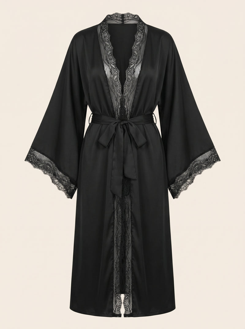Black Satin Kimono Robe with Lace Trim
