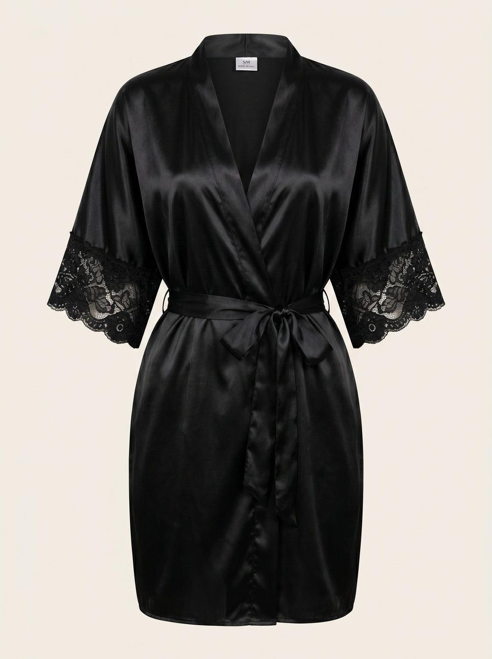 Black Satin Kimono Robe with Sheer Lace Trim