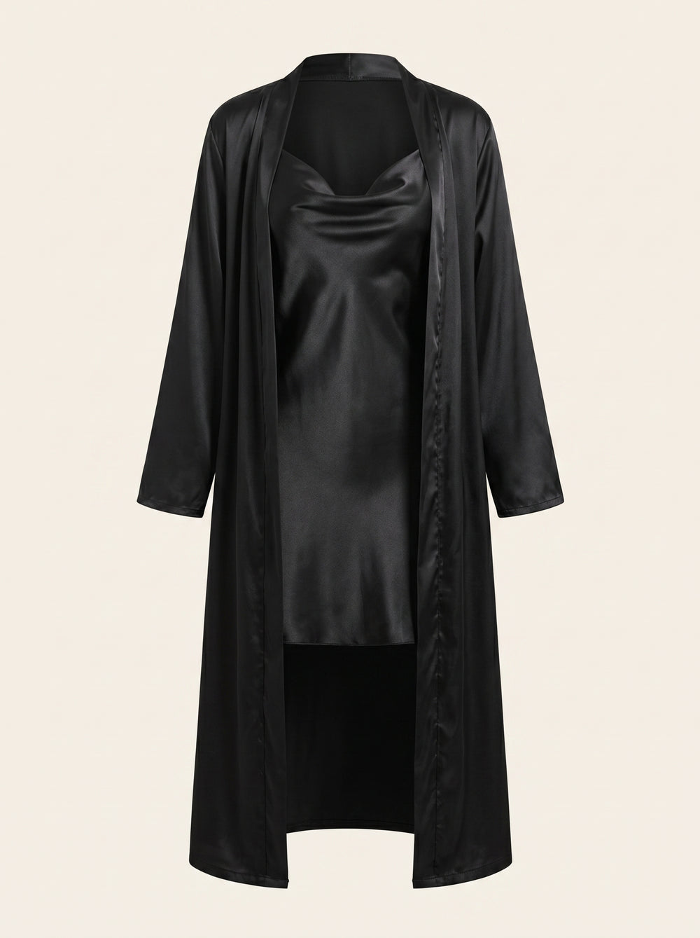 Black Satin Robe and Nightgown Set with Tie Belt