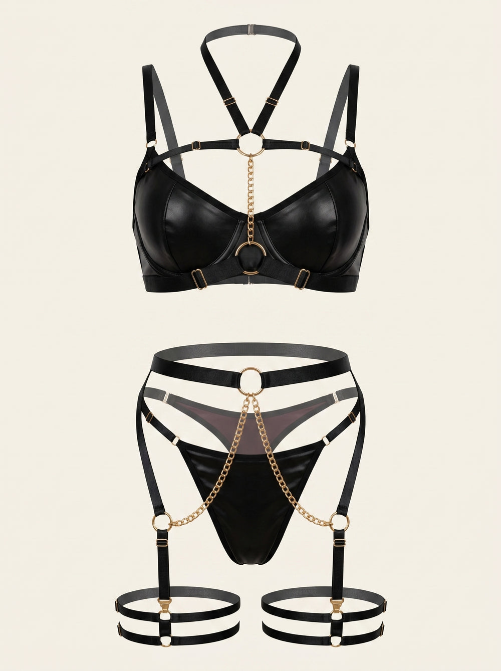 Black Satin Lingerie Set with Chain Detail