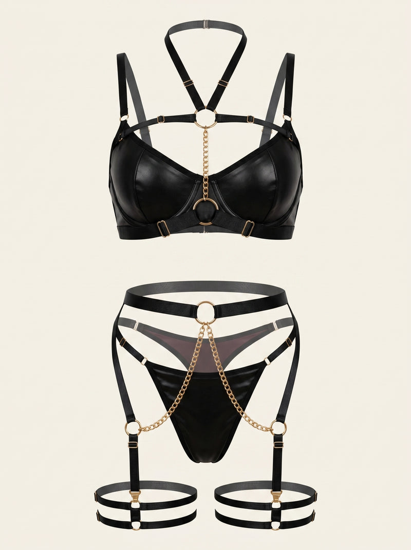 Set di lingerie in raso nero con dettaglio a catena
