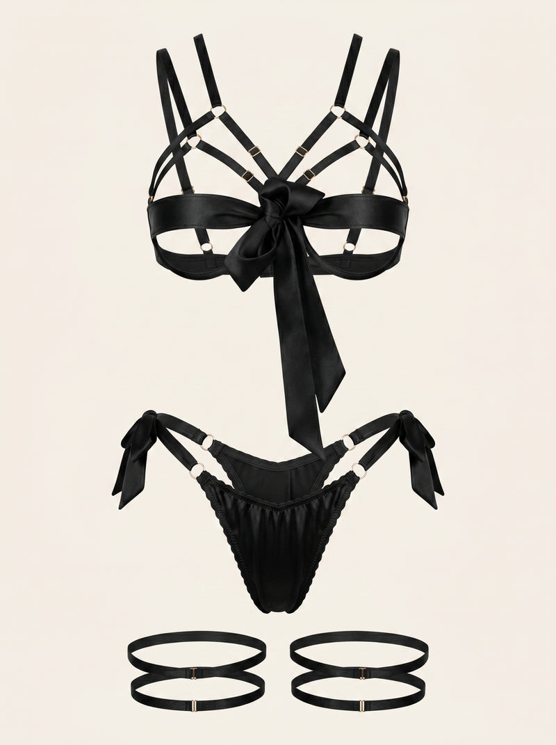 Black Satin Lingerie Set with Strappy Detailing