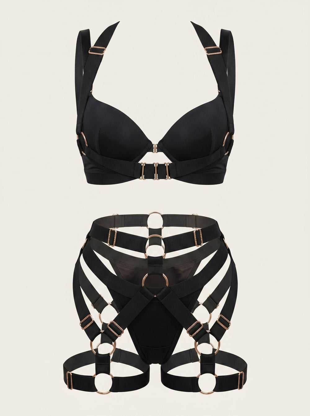 Schwarzes Satin-Dessous-Set mit Riemchen-Details