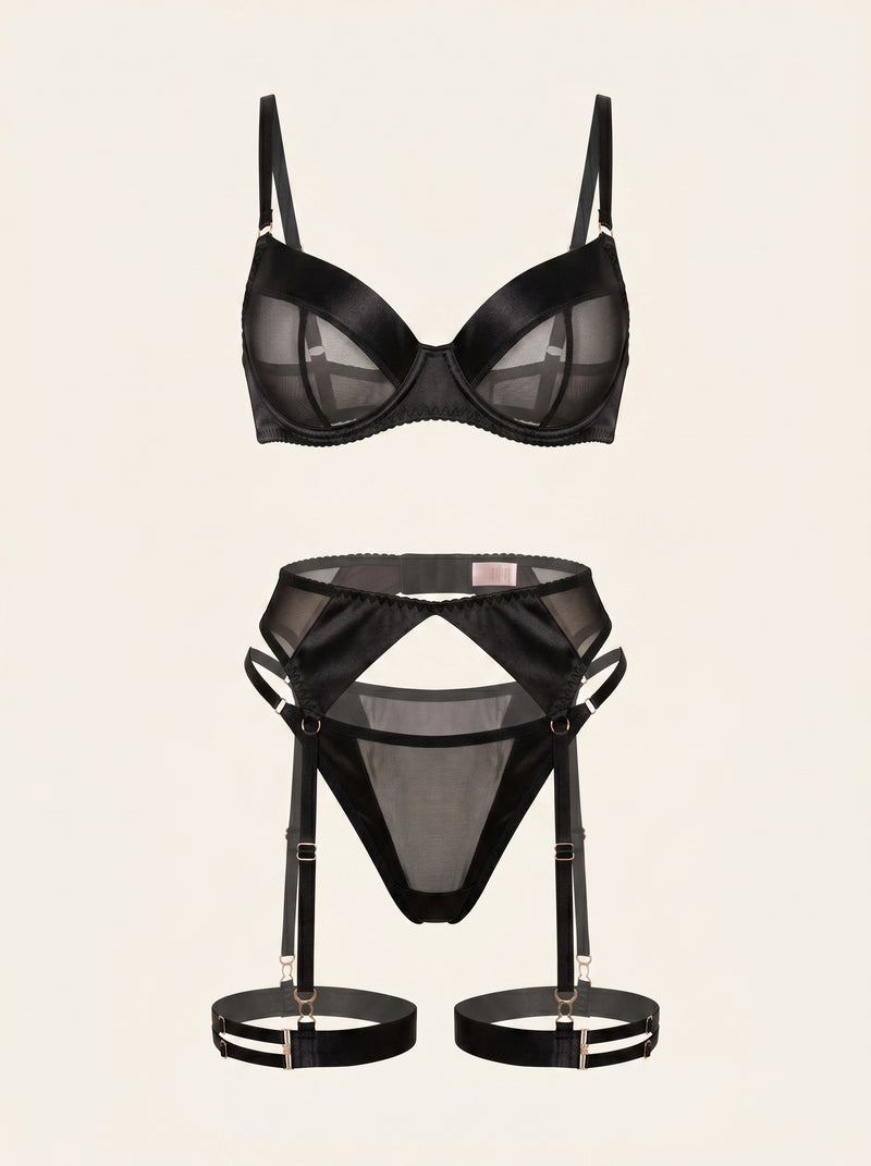 Black Satin Lingerie Set with Strappy Details