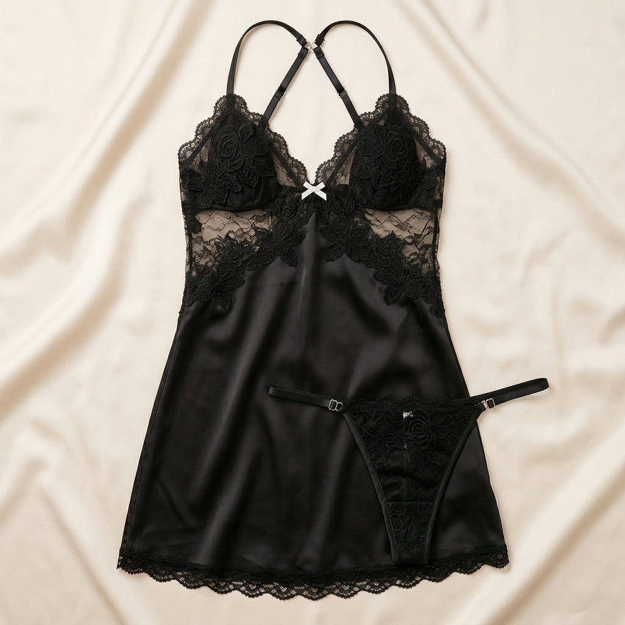 Black Satin Nightgown with Lace and Sheer Details-Nightgown-Bellascena-bellascena