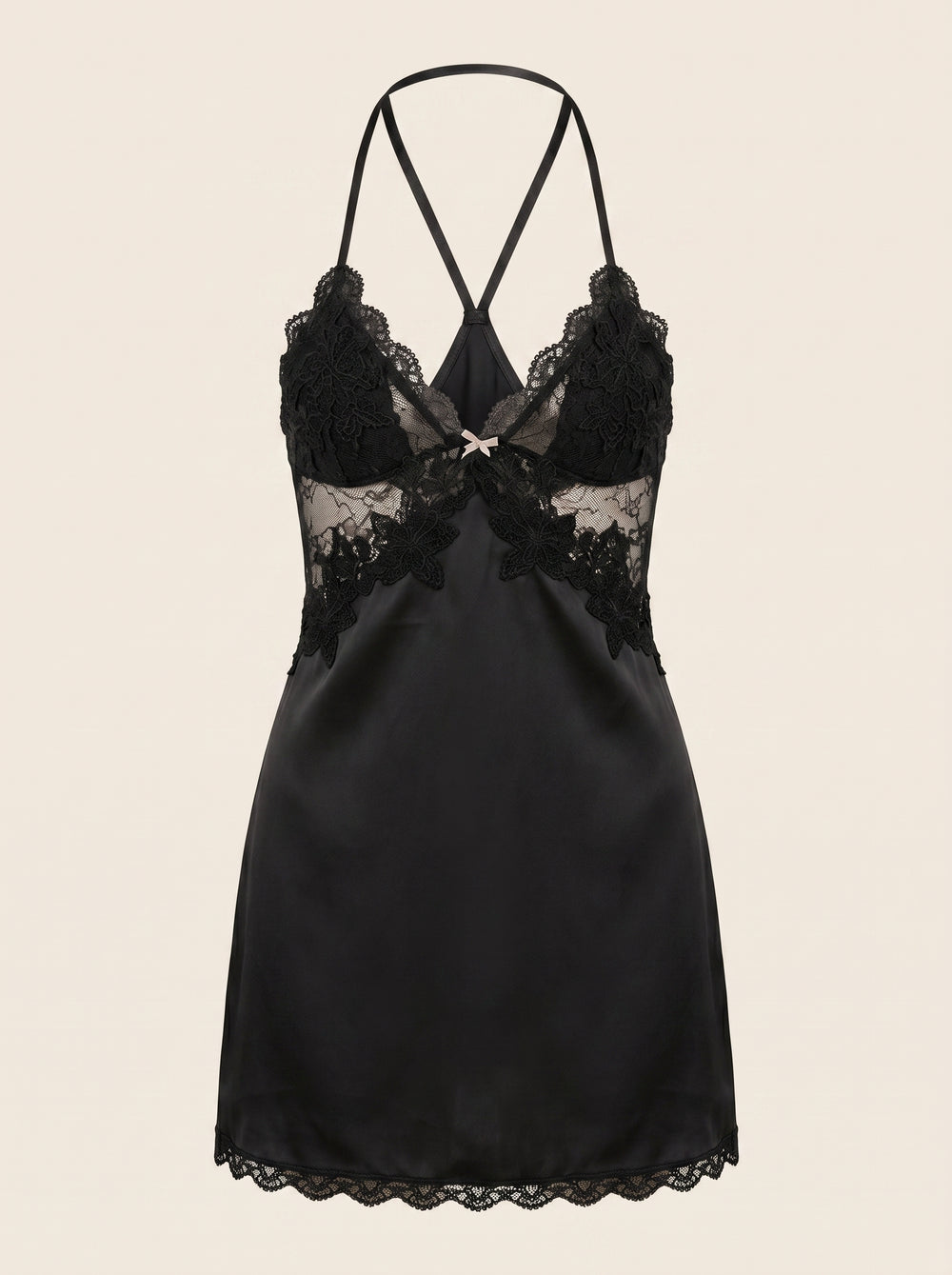 Black Satin Nightgown with Lace and Sheer Details