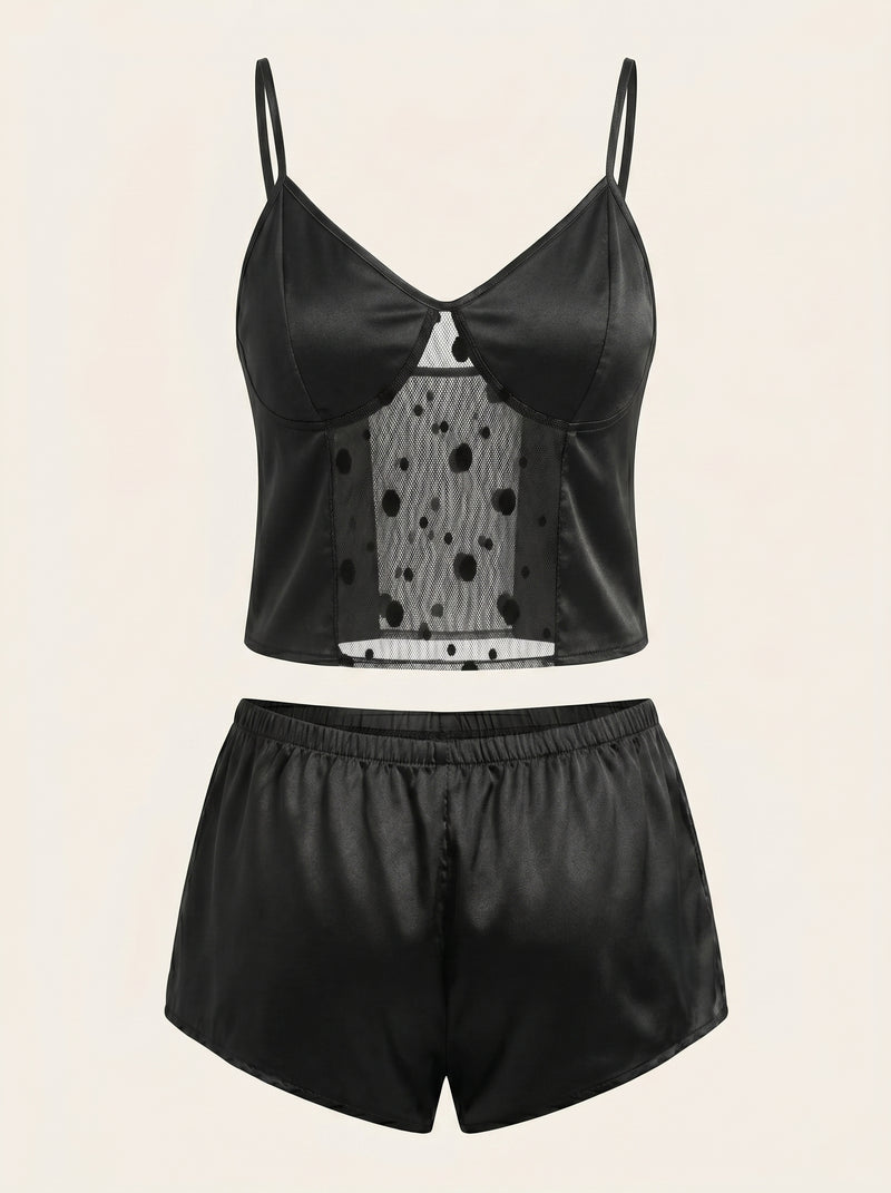 Black Satin Pajama Set with Lace Sheer Panels