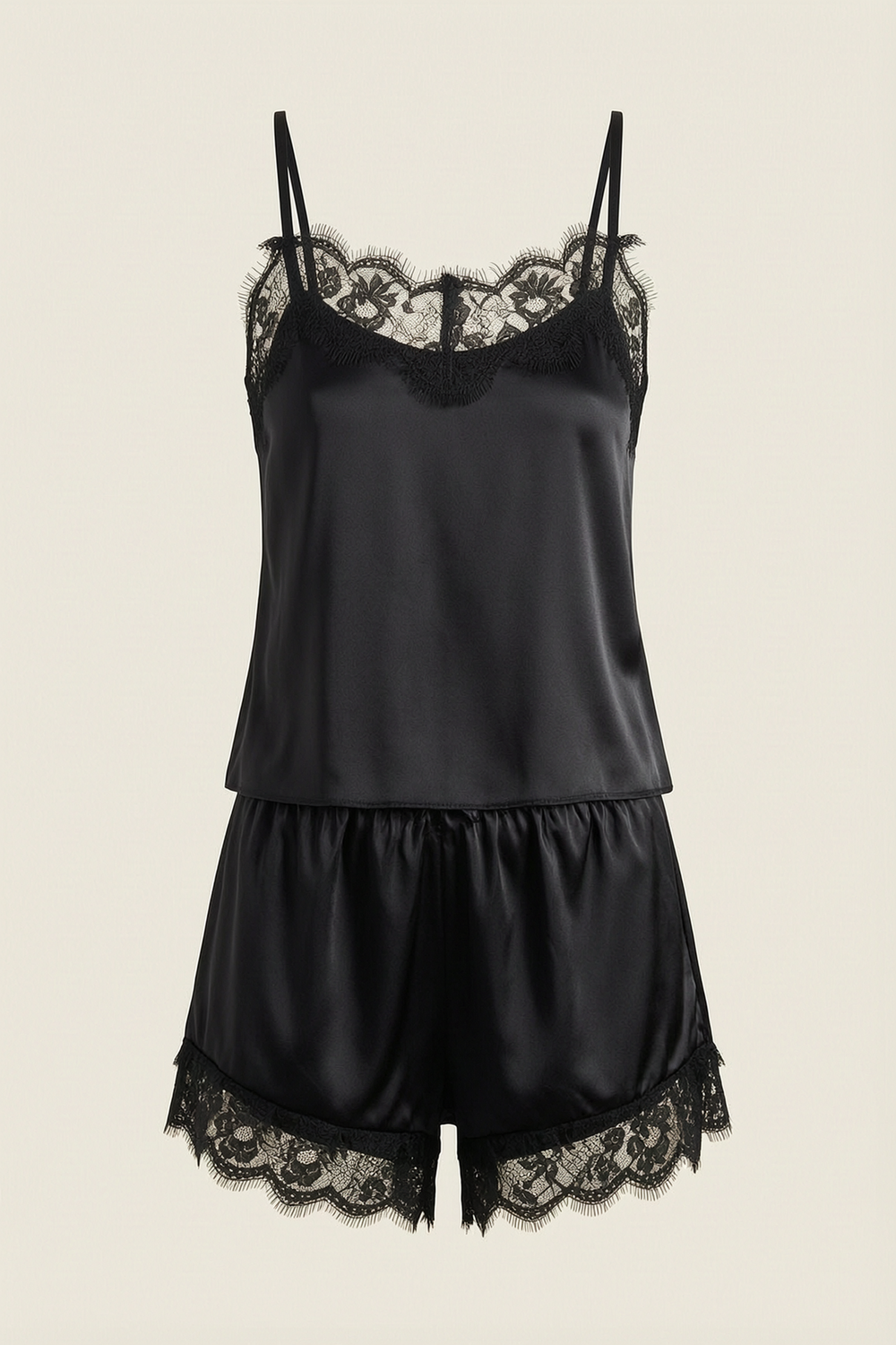 Black Satin Pajama Set with Lace Trim