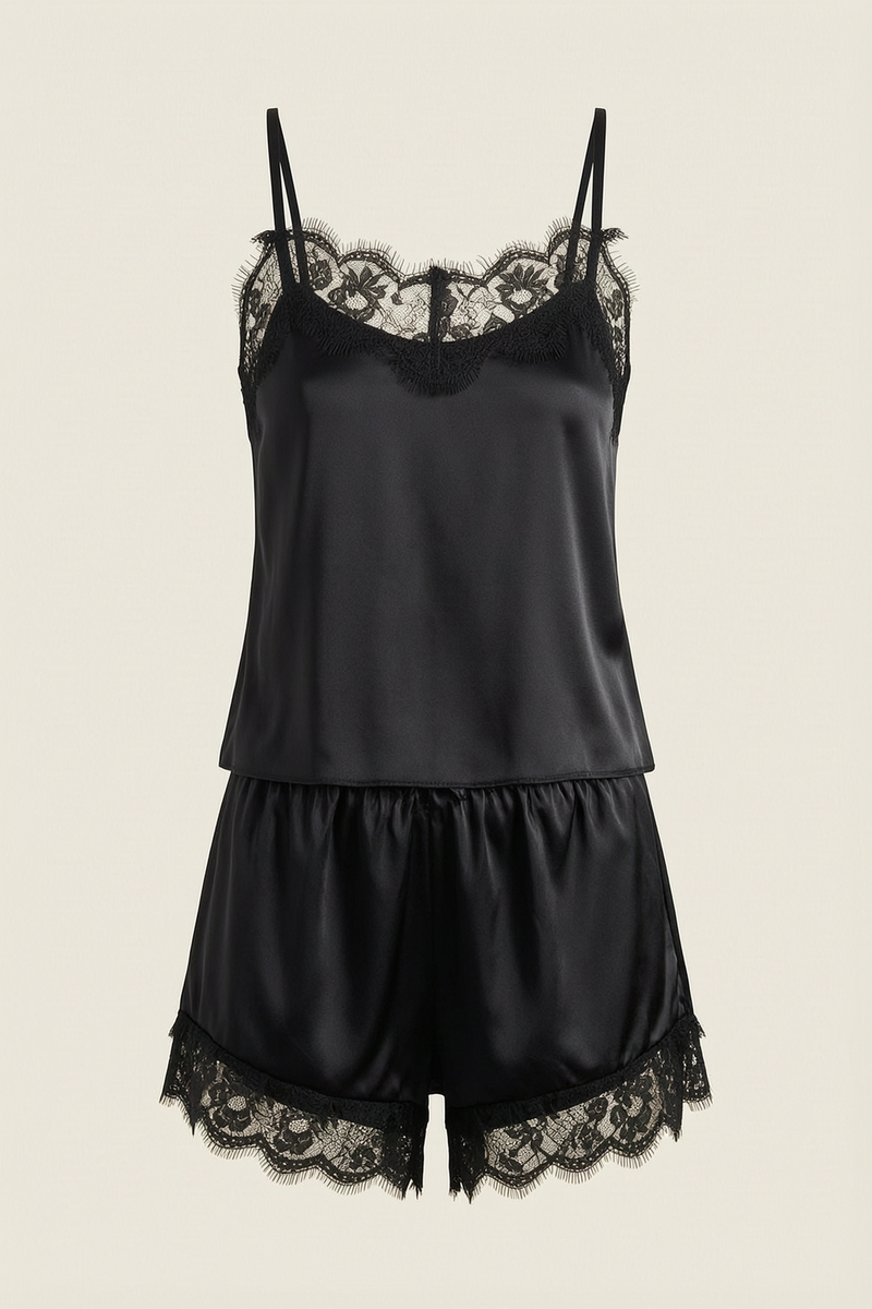 Black Satin Pajama Set with Lace Trim