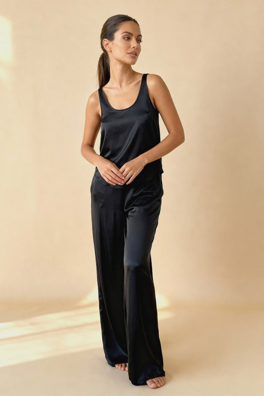 Black Satin Pajama Set with Sleeveless Style-Pajama Set-Bellascena-bellascena