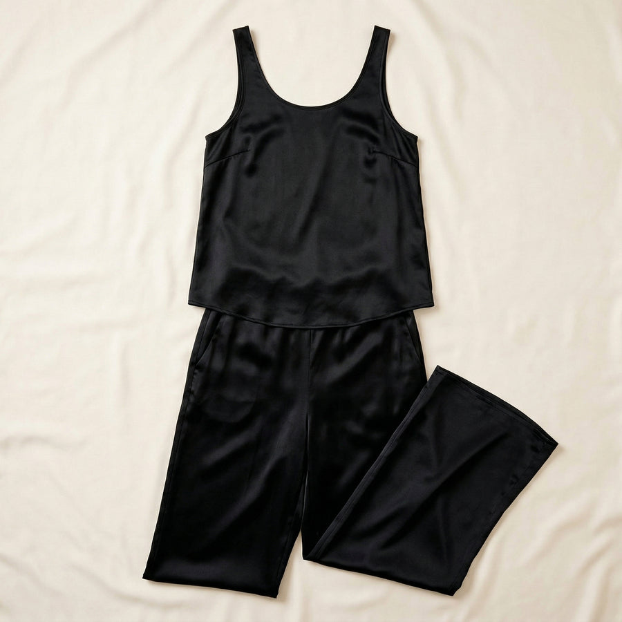 Black Satin Pajama Set with Sleeveless Style-Pajama Set-Bellascena-bellascena