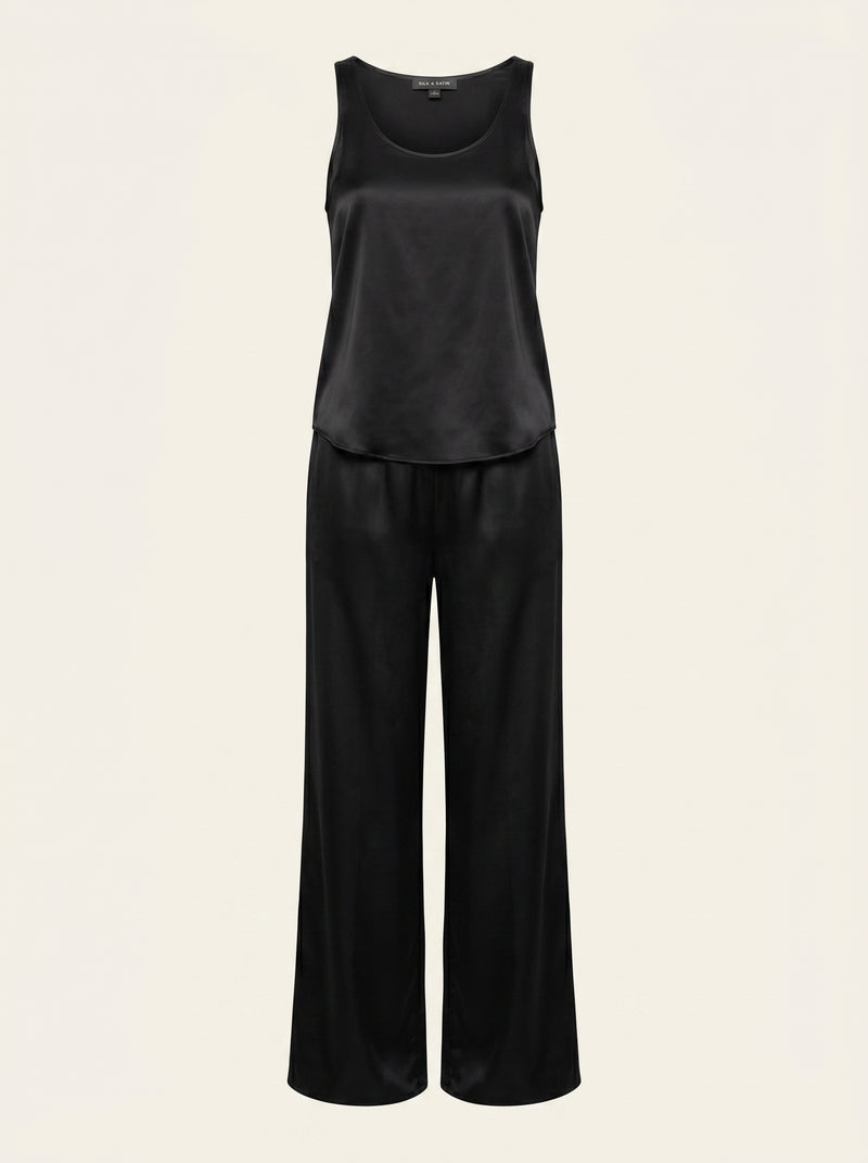Black Satin Pajama Set with Sleeveless Style