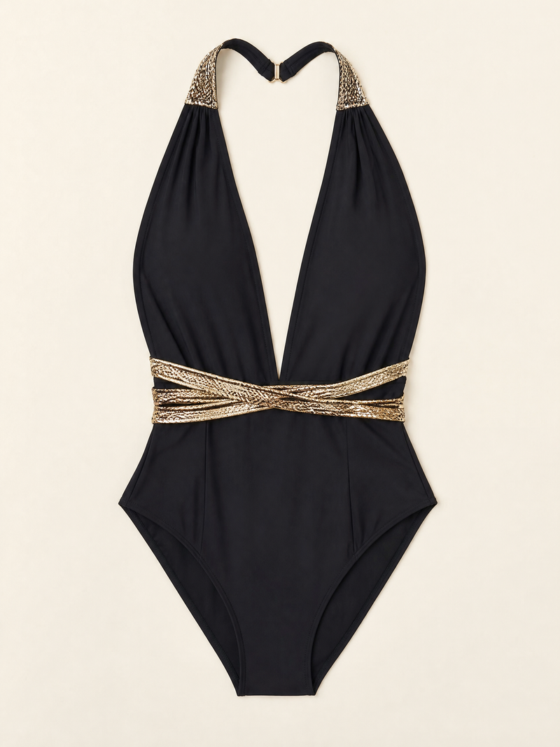 Set di costumi da bagno in raso nero con scollo a V profondo