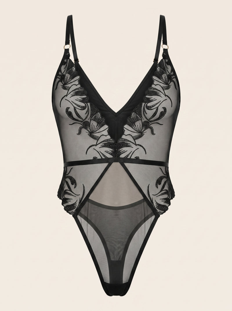 Black Sheer Mesh Bodysuit with Cutouts