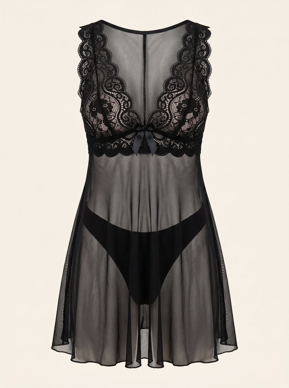 Black Sheer Mesh Nightgown with Lace Details