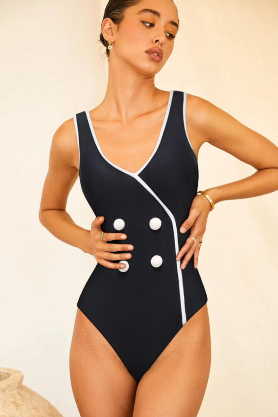 Black Spandex One-Piece Swimsuit with Button Front-One-Piece Swimsuit-Bellascena-bellascena