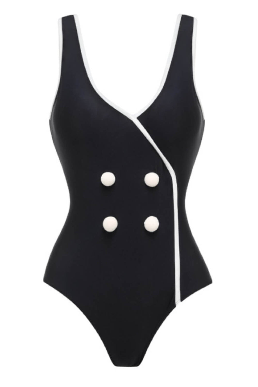 Black Spandex One-Piece Swimsuit with Button Front-One-Piece Swimsuit-Bellascena-bellascena