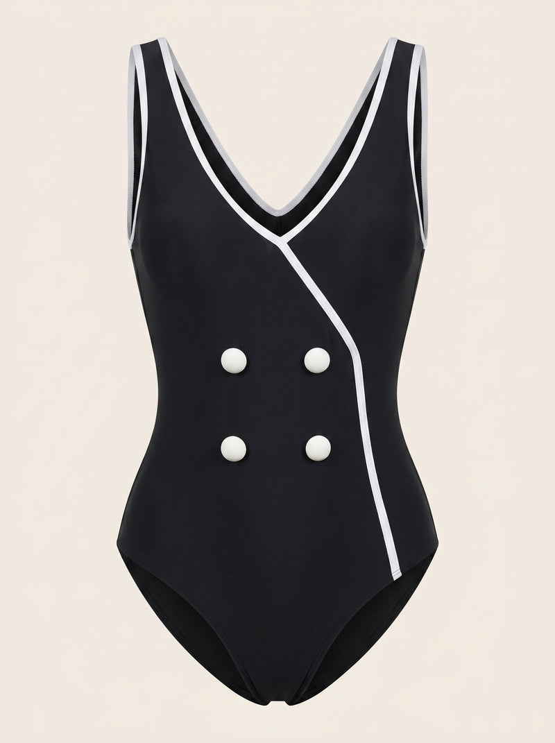 Costume intero nero in spandex con abbottonatura frontale