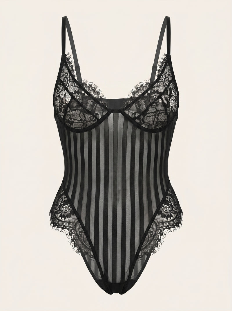 Black Striped Mesh Bodysuit with Lace Trim