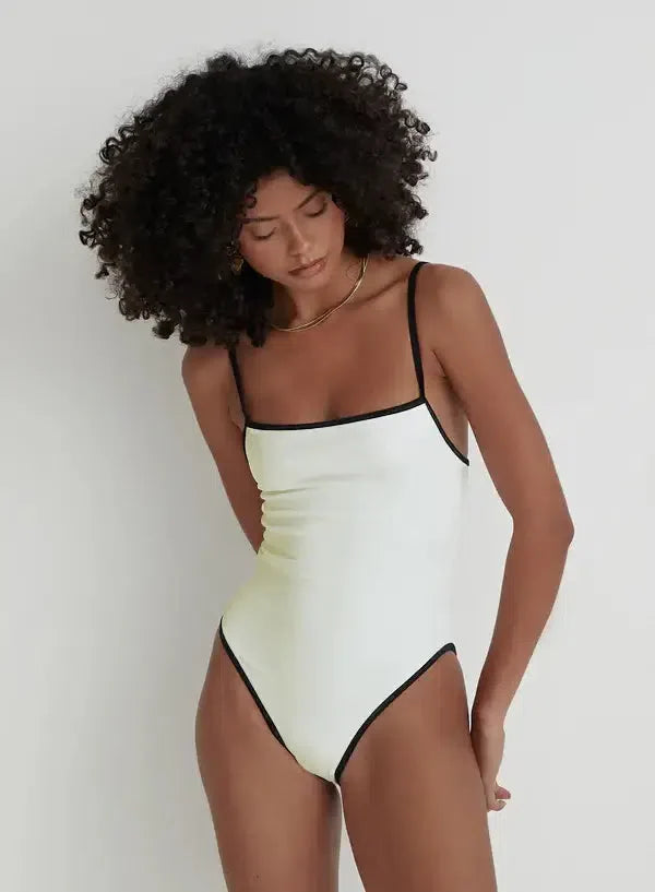 Black Synthetic One-Piece Swimsuit with Strappy Cutouts-One-Piece Swimsuit-Bellascena-White-S-bellascena