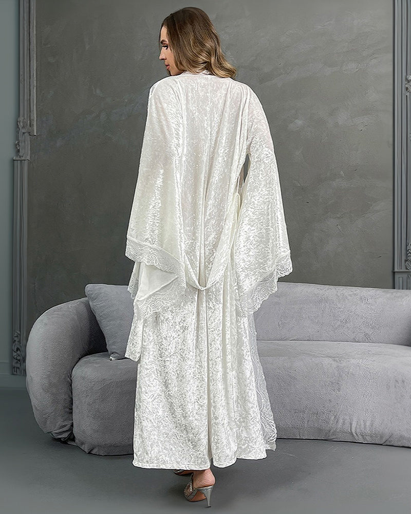 Black Velvet Kimono Robe with Lace Trim-Nightgown-Bellascena-bellascena