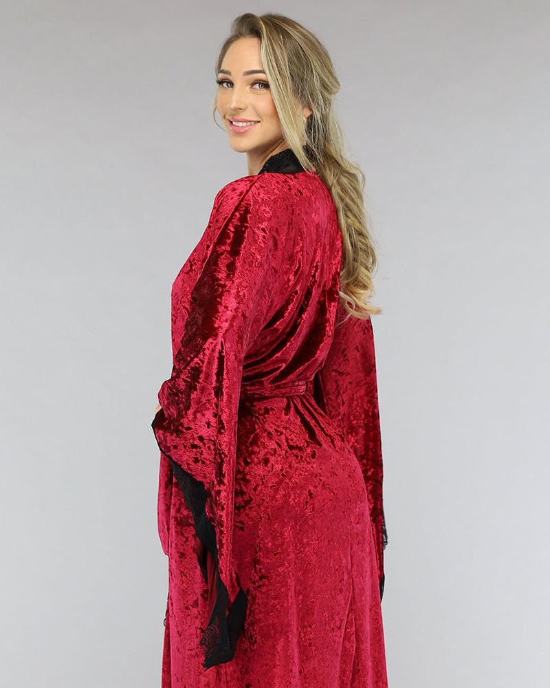 Black Velvet Kimono Robe with Lace Trim-Nightgown-Bellascena-bellascena