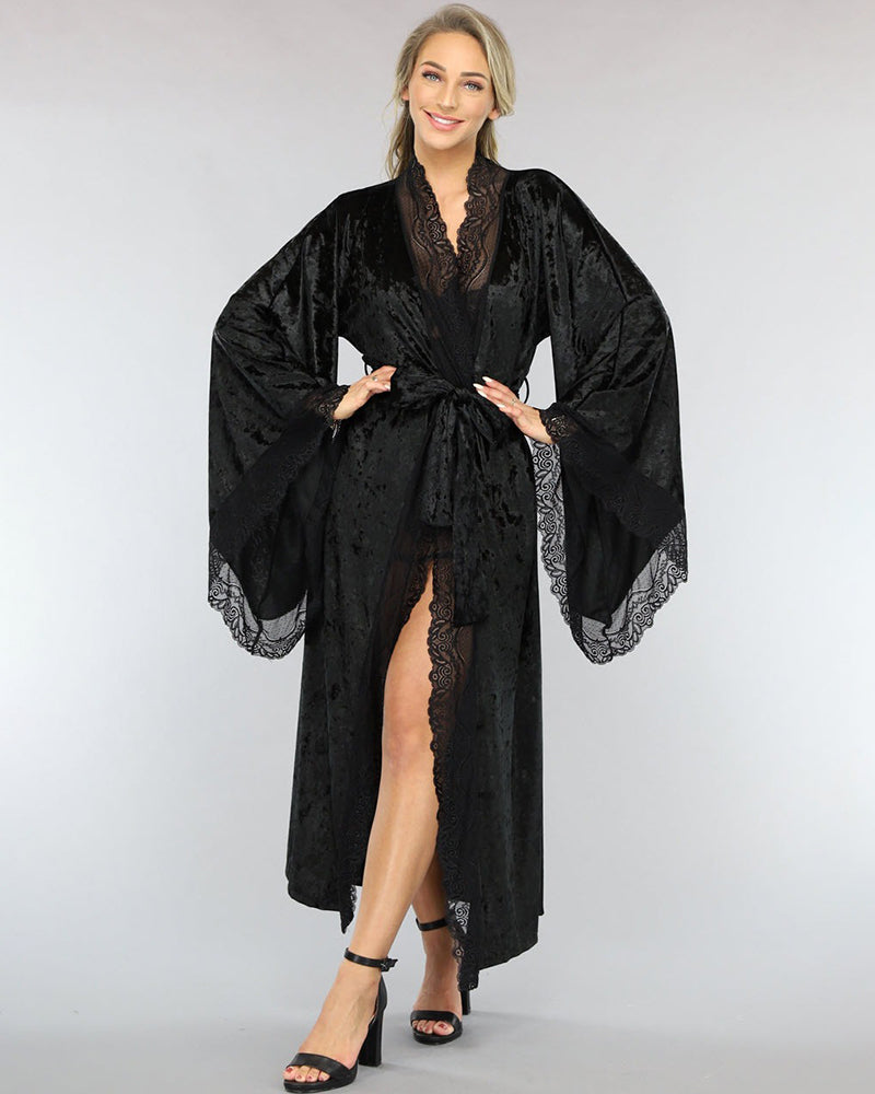 Black Velvet Kimono Robe with Lace Trim-Nightgown-Bellascena-bellascena