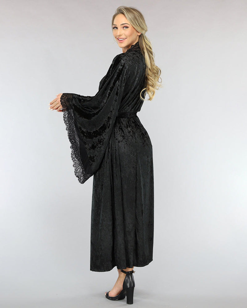 Black Velvet Kimono Robe with Lace Trim-Nightgown-Bellascena-bellascena