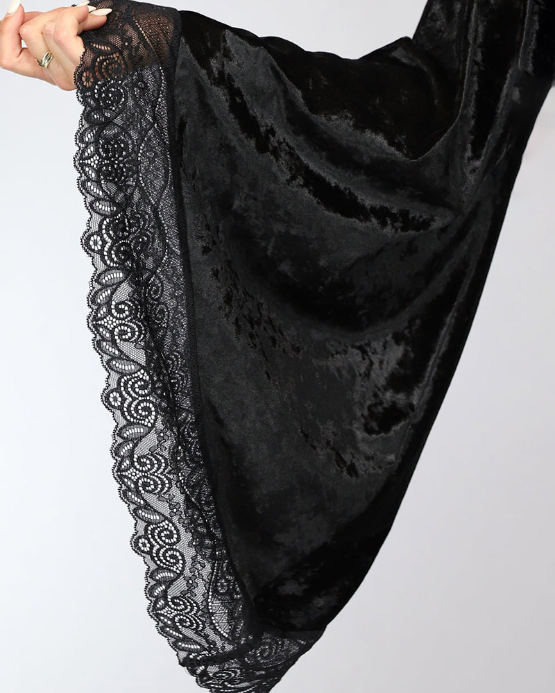 Black Velvet Kimono Robe with Lace Trim-Nightgown-Bellascena-bellascena