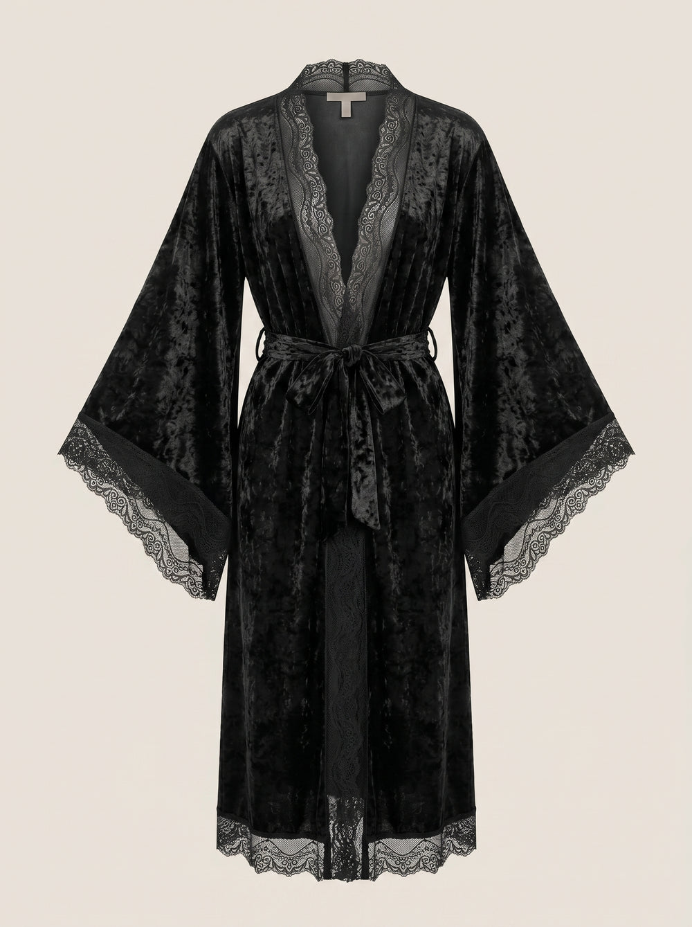 Kimono peignoir noir en velours avec bordure en dentelle