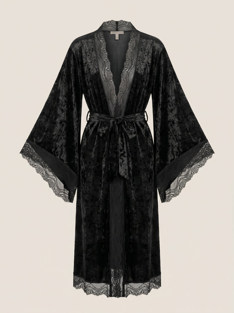 Black Velvet Kimono Robe with Lace Trim