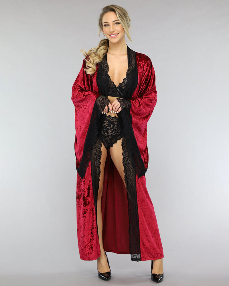 Black Velvet Kimono Robe with Lace Trim-Nightgown-Bellascena-Wine Red-S-bellascena