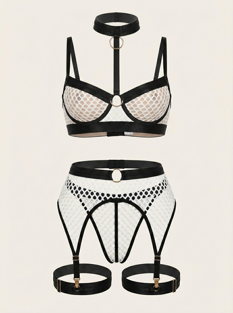 Black & White Geometric Mesh Lingerie Set with Strappy Design